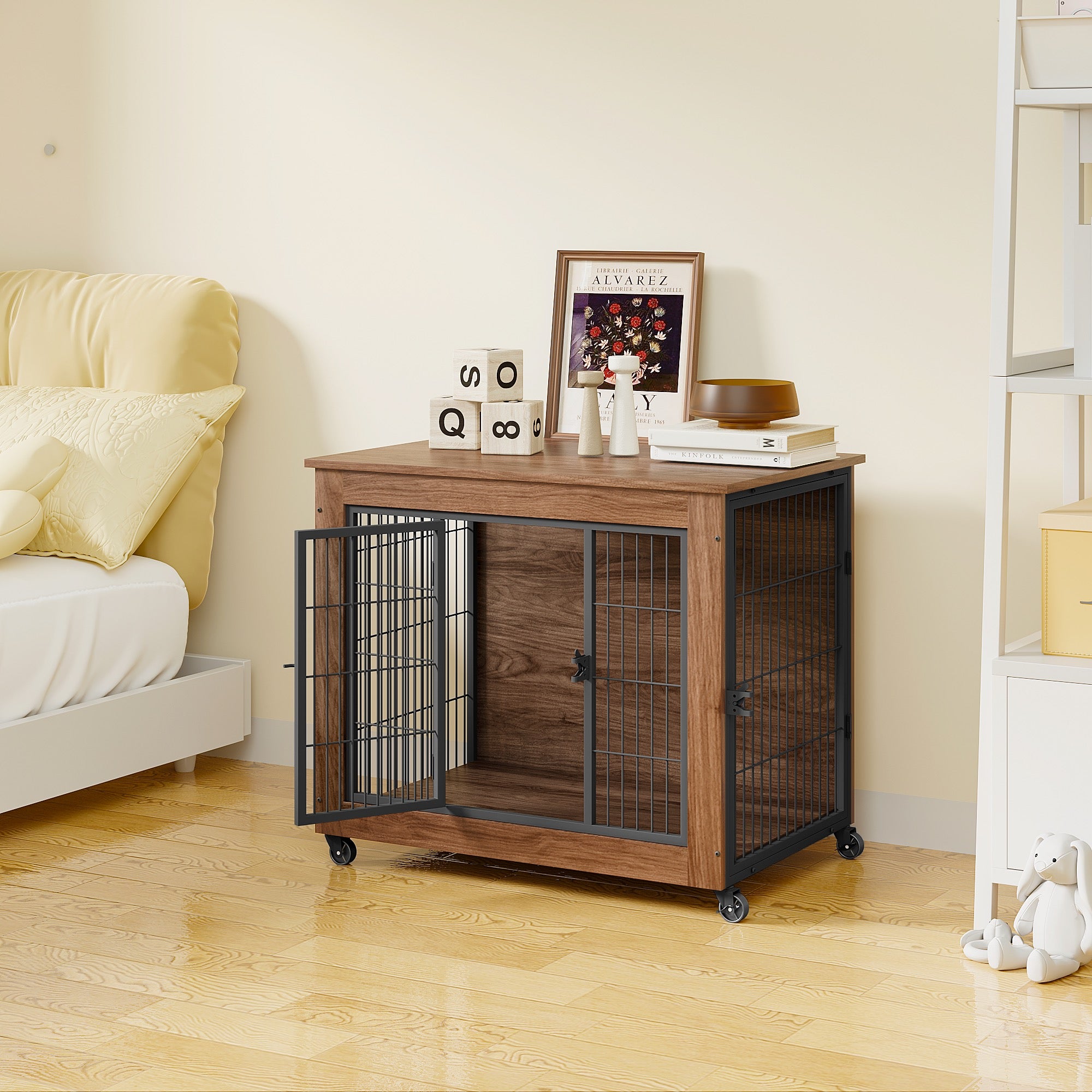 32.5 Dog Crate Furniture With Wheels For Small Dogs, Heavy Duty Dog Kennel Indoor With 2 Doors, Wooden Pet Cage End Table, Double-Doors Sturdy Metal Dog Cage For Anxiety Dog