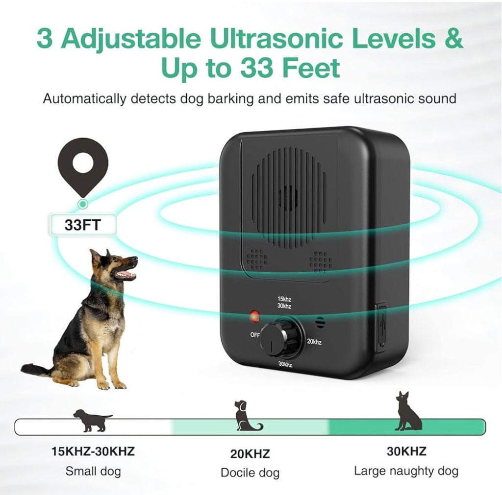 Ultrasonic Anti Barking Device - 33ft Range Rechargeable Dog Bark
Deterrent - Safe & Humane 3-Mode Sonic Bark Suppressor for Indoor & Outdoor
