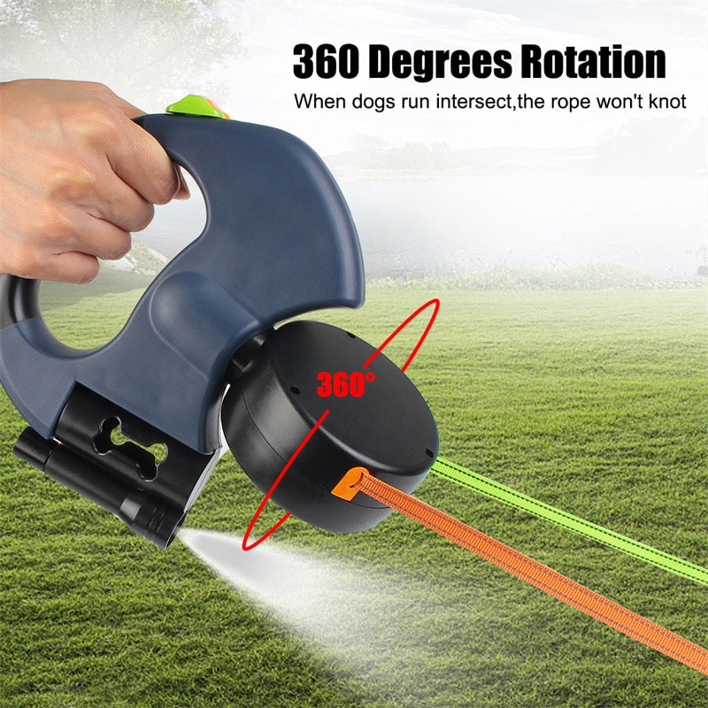 Dual Retractable Dog Leash with Flashlight & Poop Bag Dispenser | 360° No-Tangle Double Lead