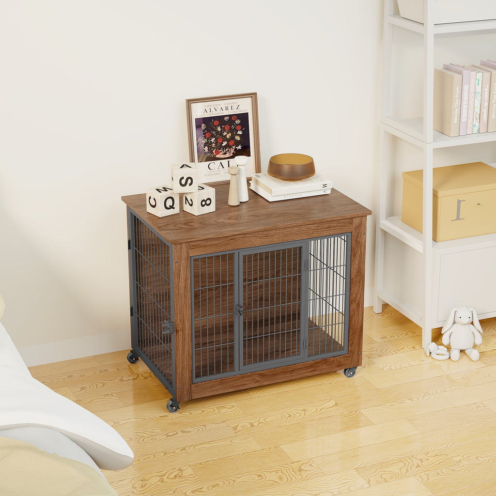 32.5 Dog Crate Furniture With Wheels For Small Dogs, Heavy Duty Dog Kennel Indoor With 2 Doors, Wooden Pet Cage End Table, Double-Doors Sturdy Metal Dog Cage For Anxiety Dog