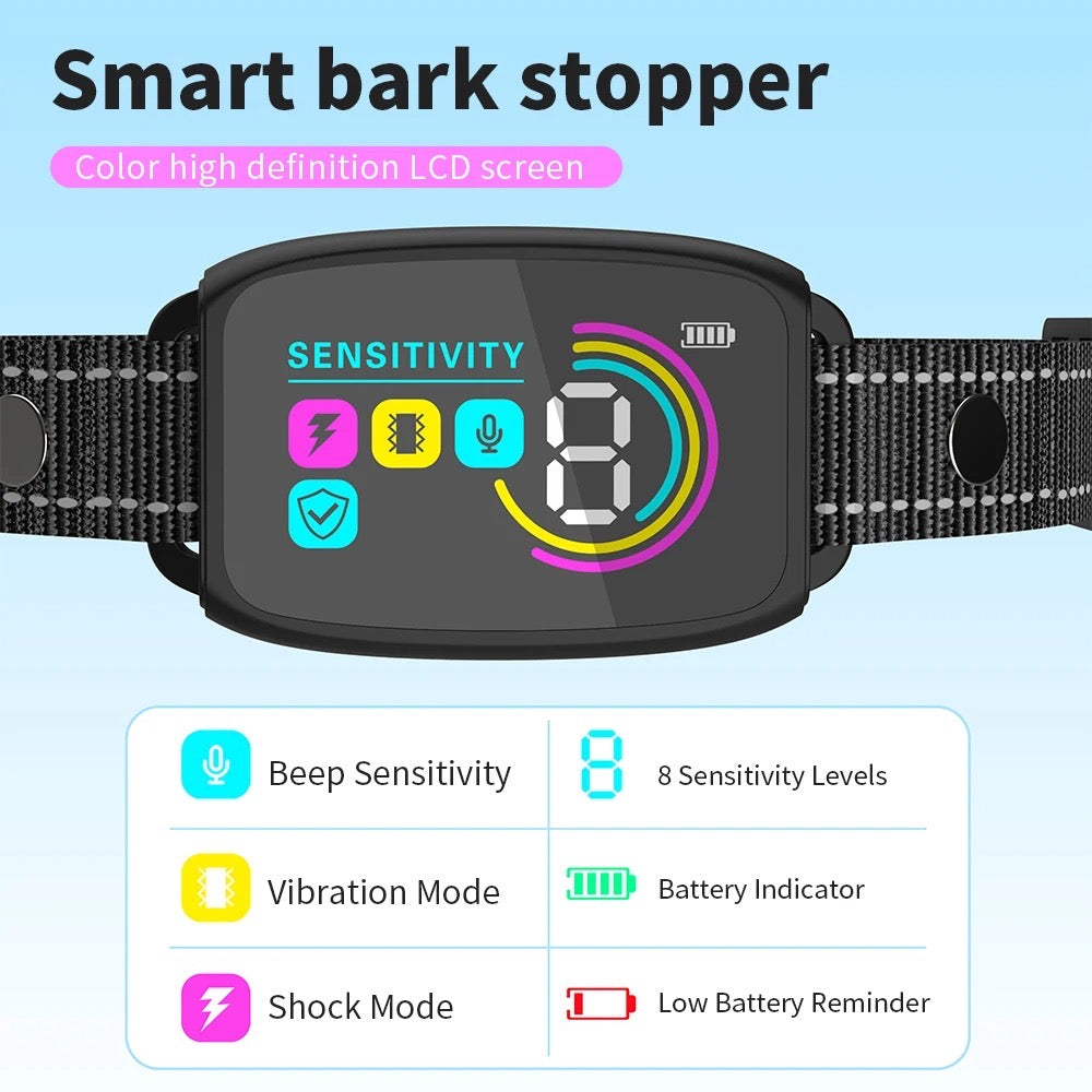 Smart AI Bark Collar for Small, Medium & Large Dogs | IP67 Waterproof Rechargeable Anti-Barking Collar with 4 Safe Training Modes & LCD Color Display