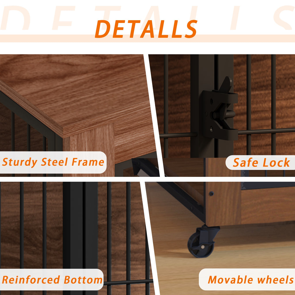32.5 Dog Crate Furniture With Wheels For Small Dogs, Heavy Duty Dog Kennel Indoor With 2 Doors, Wooden Pet Cage End Table, Double-Doors Sturdy Metal Dog Cage For Anxiety Dog