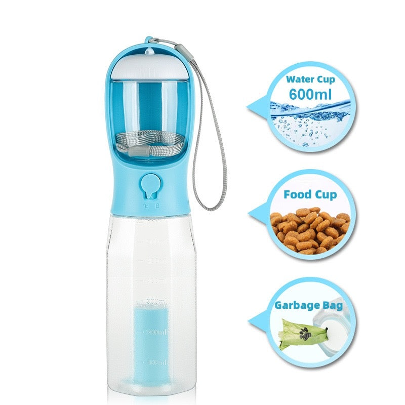 3 in 1 Portable Pet Water Bottle, food container and Waste Bag Dispenser (600ml)