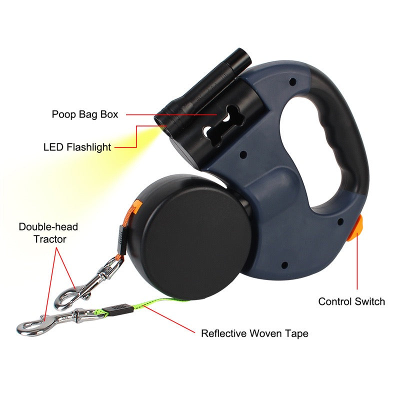Dual Retractable Dog Leash with Flashlight & Poop Bag Dispenser | 360° No-Tangle Double Lead