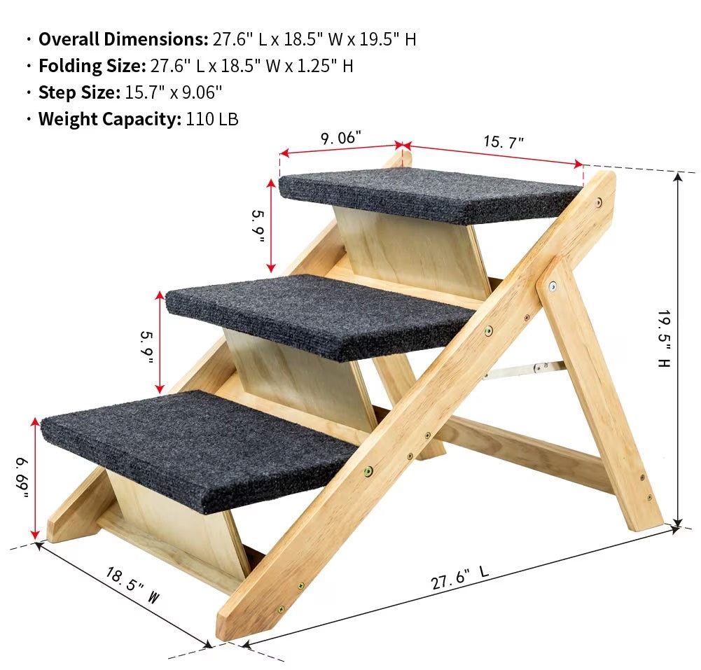 Wood Pet Stairs Pet Steps  Foldable 3 Levels Dog Stairs  Ramp Perfect For Beds And Cars Portable Dog Cat Ladder