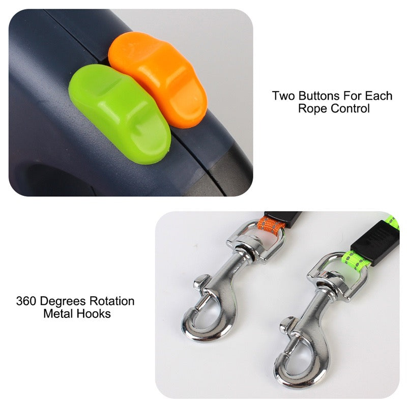 Dual Retractable Dog Leash with Flashlight & Poop Bag Dispenser | 360° No-Tangle Double Lead