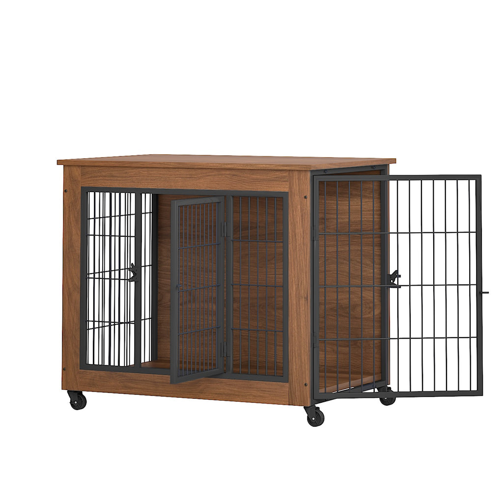 32.5 Dog Crate Furniture With Wheels For Small Dogs, Heavy Duty Dog Kennel Indoor With 2 Doors, Wooden Pet Cage End Table, Double-Doors Sturdy Metal Dog Cage For Anxiety Dog