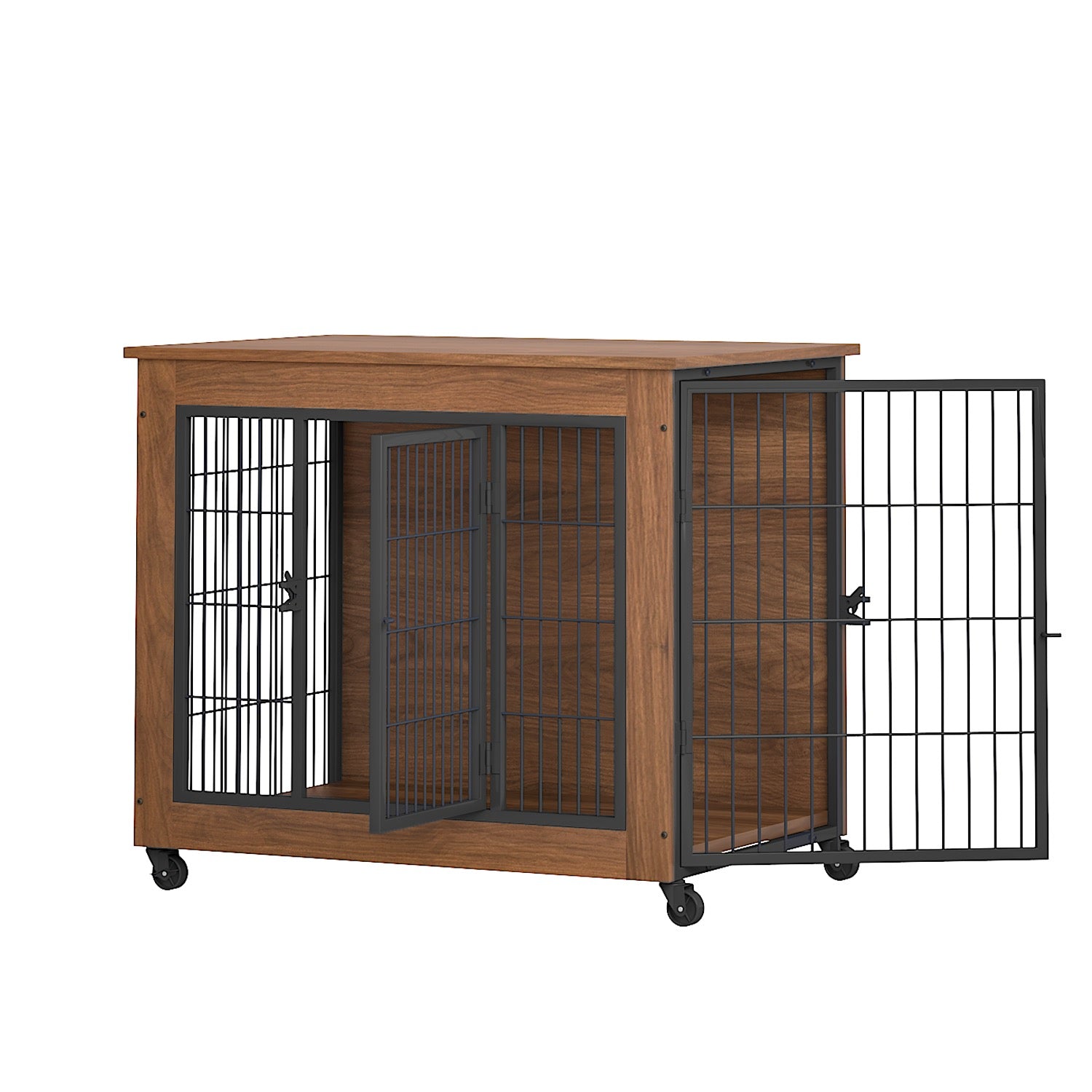32.5 Dog Crate Furniture With Wheels For Small Dogs, Heavy Duty Dog Kennel Indoor With 2 Doors, Wooden Pet Cage End Table, Double-Doors Sturdy Metal Dog Cage For Anxiety Dog