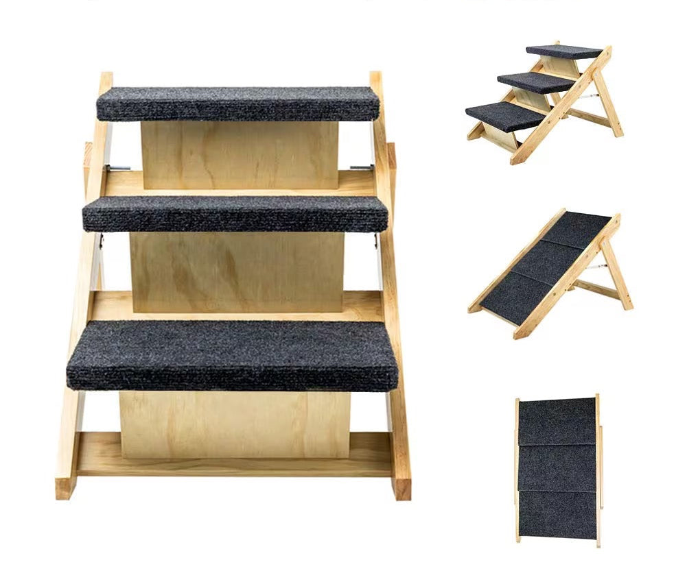 Wood Pet Stairs Pet Steps  Foldable 3 Levels Dog Stairs  Ramp Perfect For Beds And Cars Portable Dog Cat Ladder