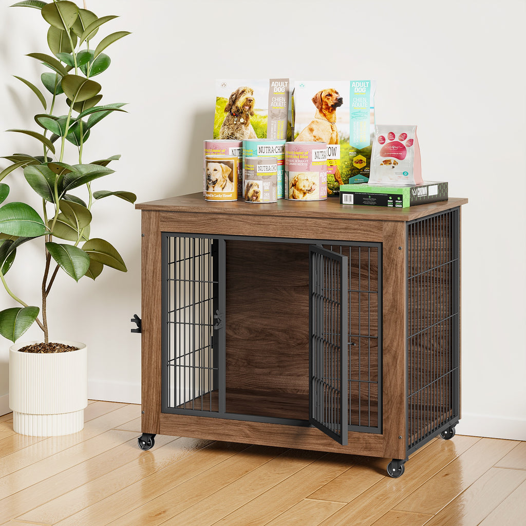 32.5 Dog Crate Furniture With Wheels For Small Dogs, Heavy Duty Dog Kennel Indoor With 2 Doors, Wooden Pet Cage End Table, Double-Doors Sturdy Metal Dog Cage For Anxiety Dog