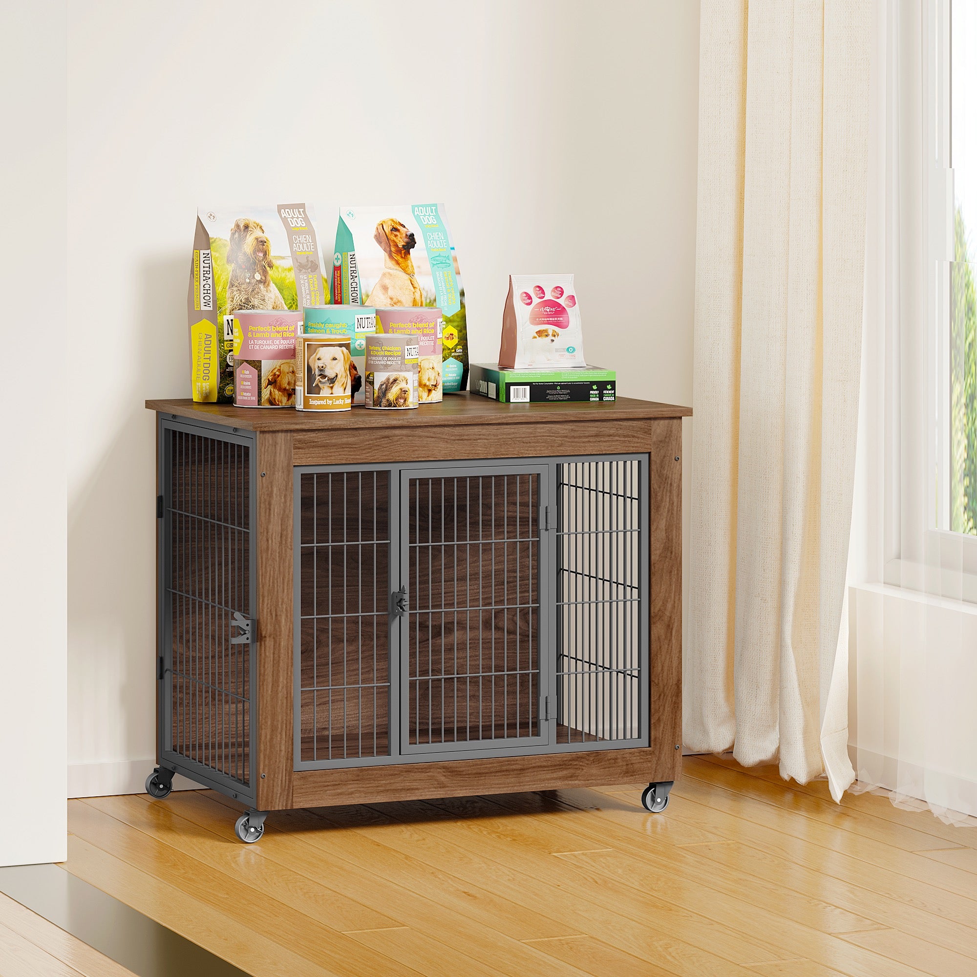 32.5 Dog Crate Furniture With Wheels For Small Dogs, Heavy Duty Dog Kennel Indoor With 2 Doors, Wooden Pet Cage End Table, Double-Doors Sturdy Metal Dog Cage For Anxiety Dog