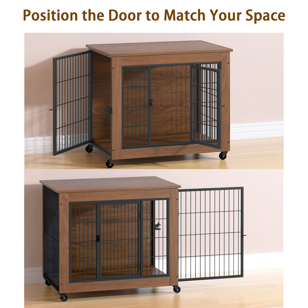 32.5 Dog Crate Furniture With Wheels For Small Dogs, Heavy Duty Dog Kennel Indoor With 2 Doors, Wooden Pet Cage End Table, Double-Doors Sturdy Metal Dog Cage For Anxiety Dog
