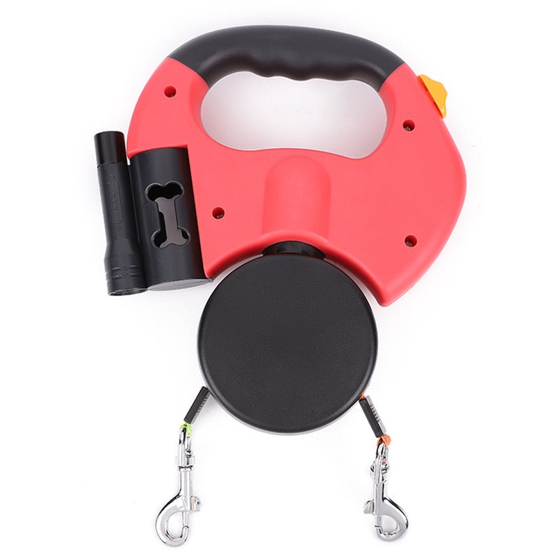 Dual Retractable Dog Leash with Flashlight & Poop Bag Dispenser | 360° No-Tangle Double Lead