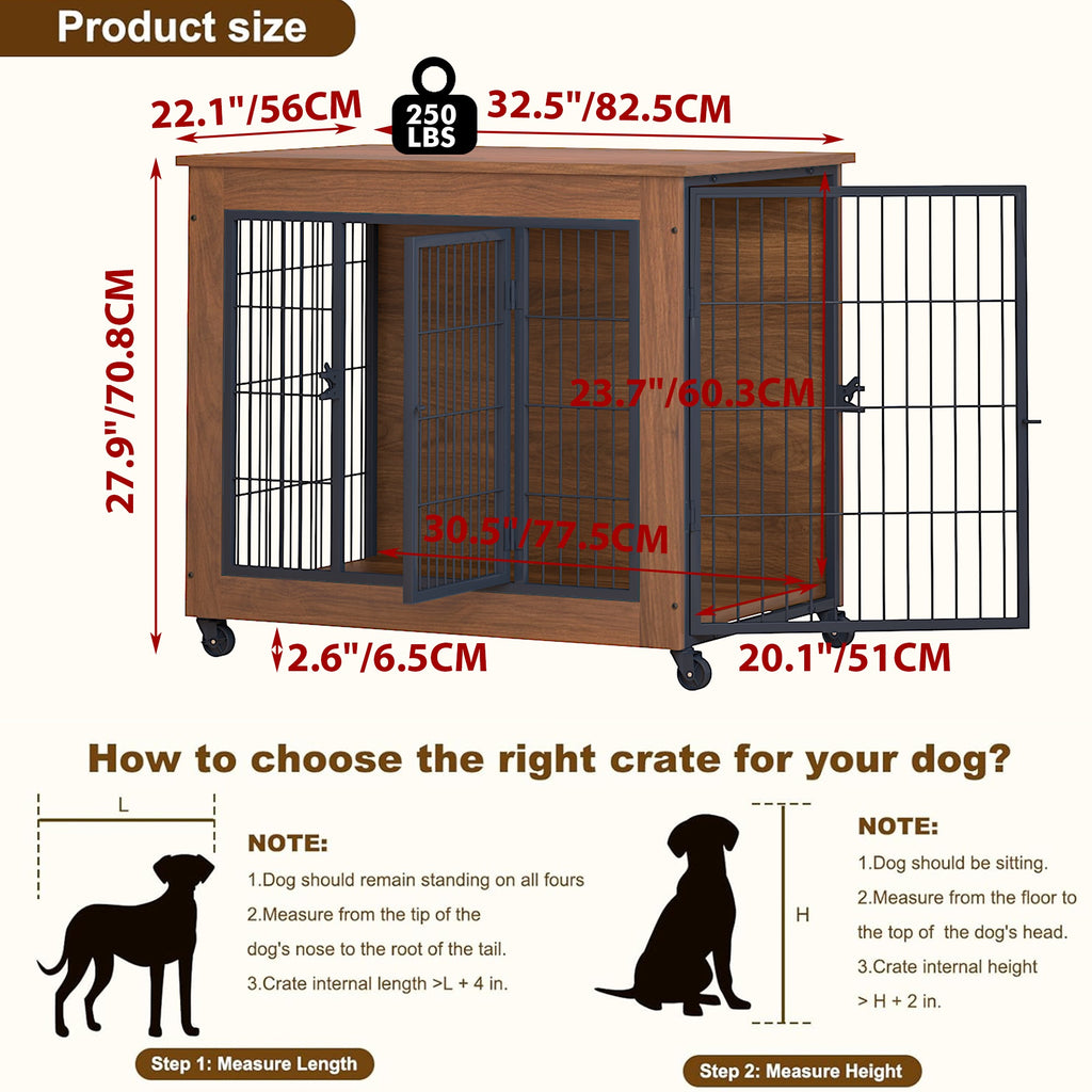 32.5 Dog Crate Furniture With Wheels For Small Dogs, Heavy Duty Dog Kennel Indoor With 2 Doors, Wooden Pet Cage End Table, Double-Doors Sturdy Metal Dog Cage For Anxiety Dog