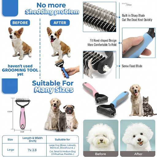 Grooming Brush - Double Sided Shedding, Dematting - Undercoat Rake for Dogs - Dog Grooming Brush - Deshedding Brush for Dogs - Dog Brush, Cat Brush, Reduce Shedding by 95%