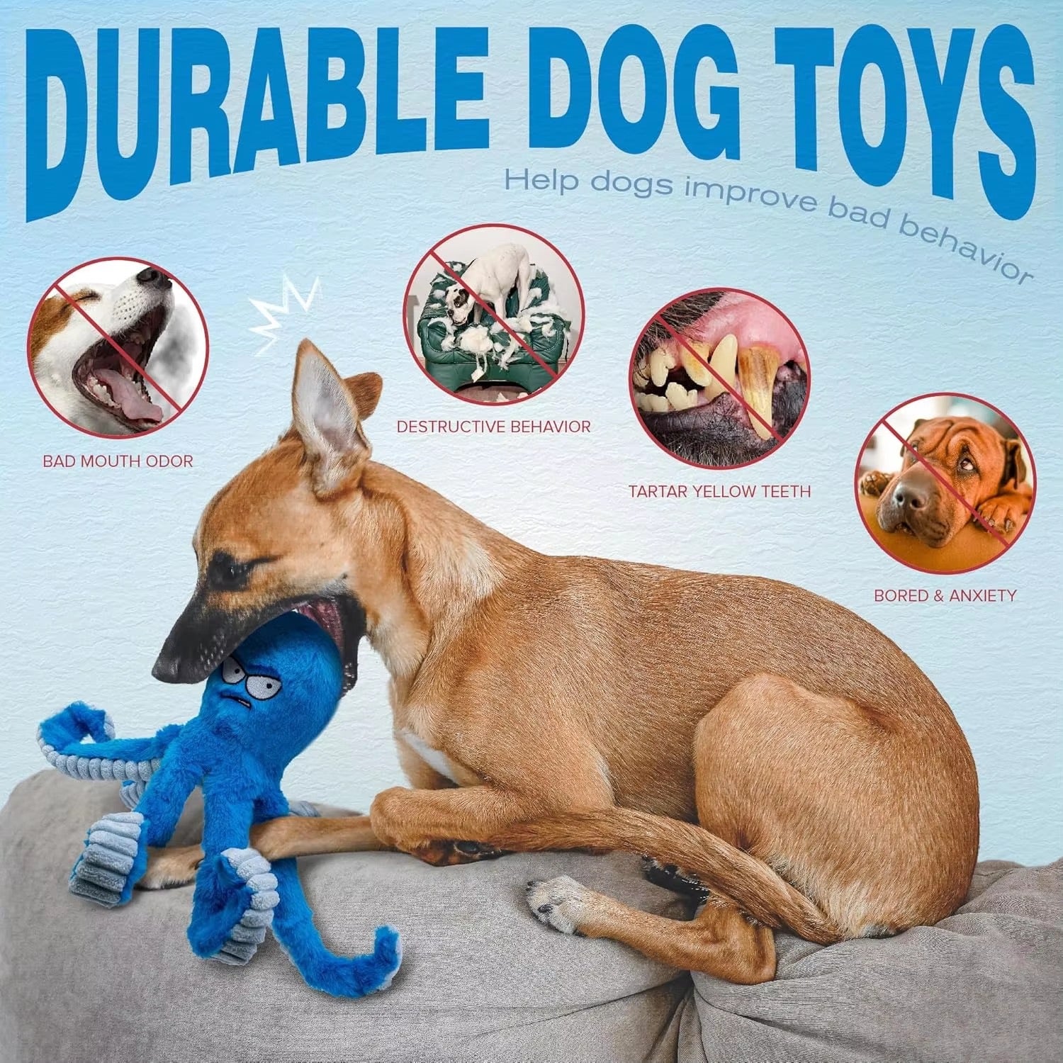 Indestructible Octopus Plush Dog Toy – Heavy Duty Chew Toy for Aggressive Chewers – Squeaky & Crinkle Interactive Tug Toy for Large & Medium Dogs
